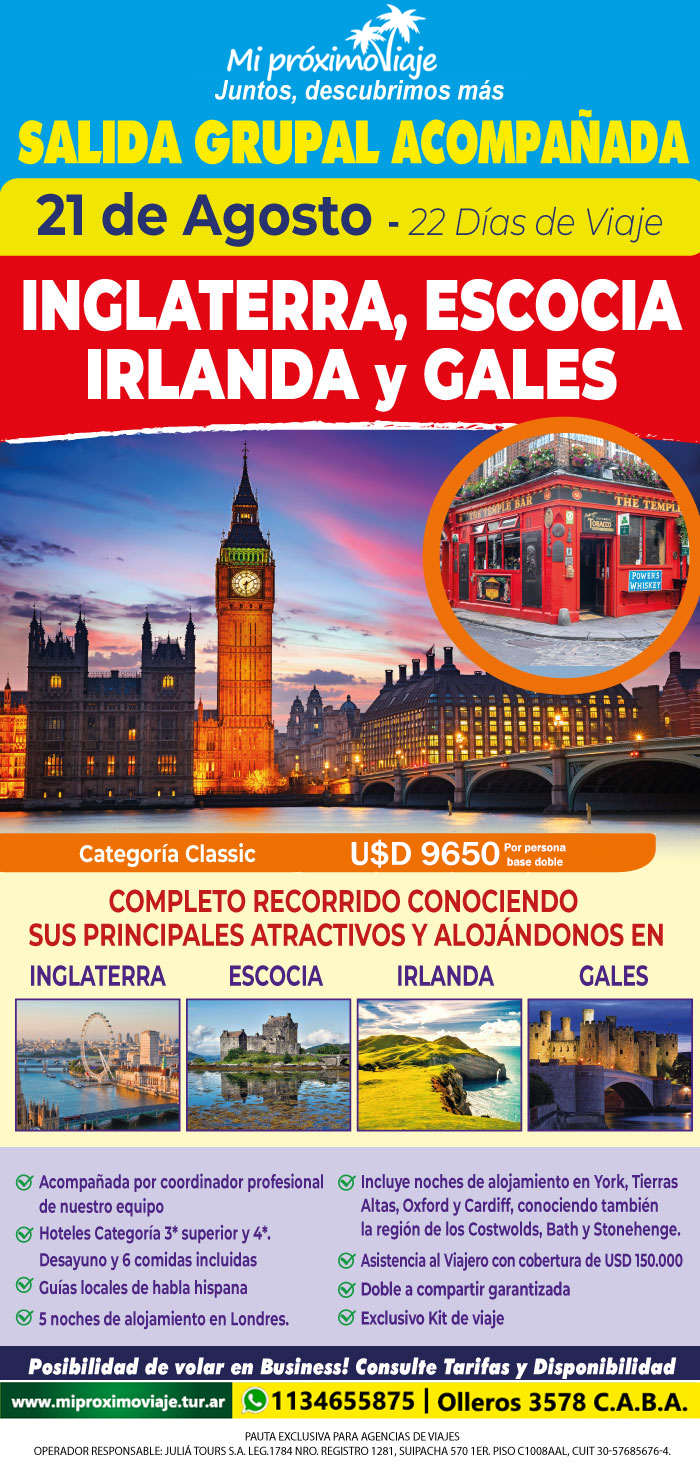 SALIDA GRUPAL INGLATERRA, ESCOCIA, IRLANDA Y GALES - 21 DE AGOSTO